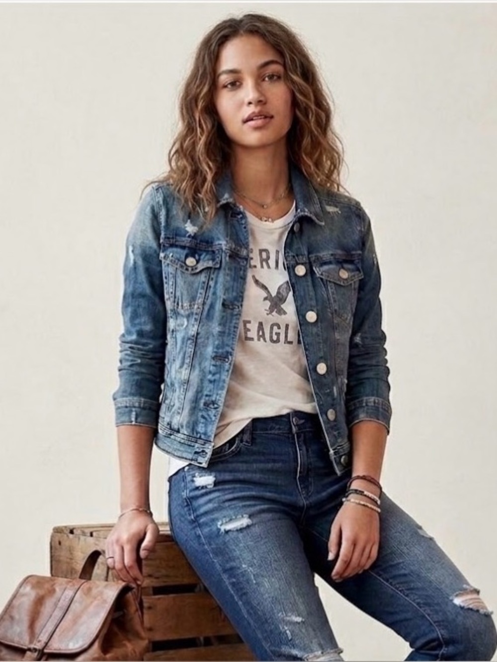 American Eagle Outfitters Super Stretch Blue Jean Distressed Jacket